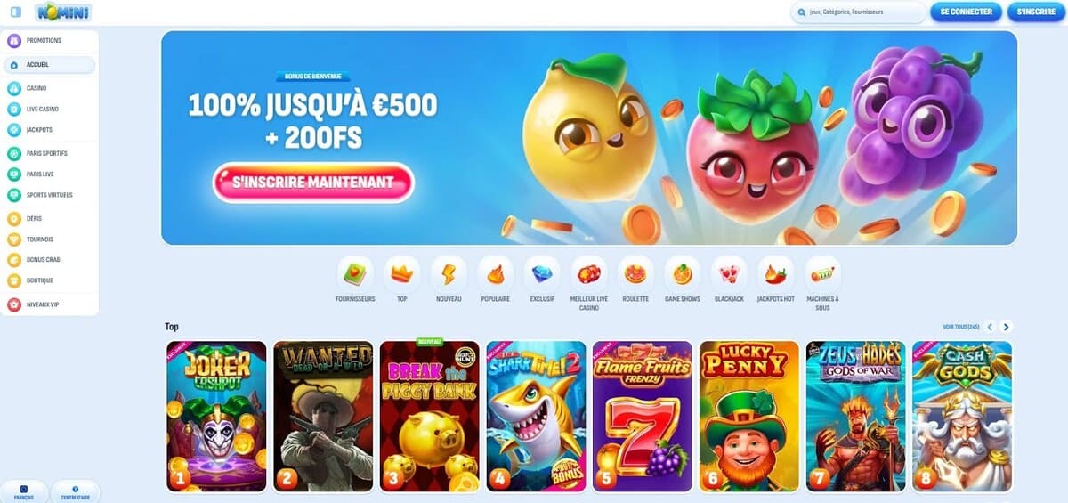 Nomini casino | Bonus de 100% jusqu'à 500€ + 200 FS