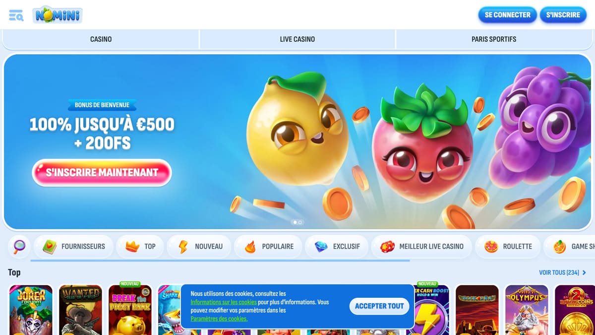 Nomini casino | Bonus de 100% jusqu'à 500€ + 200 FS